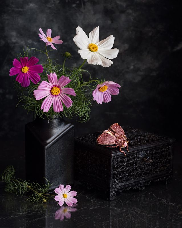 натюрморт букет космея фотонатюрморт цветы мотылёк брошь Мотылёкphoto preview