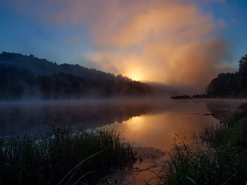 восход, лето, река, деревья, облака, солце, пейзаж, природа Солнце встаётphoto preview