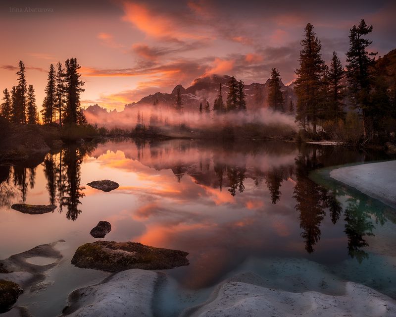ергаки, природный парк, закат, озеро, отражение, туман Закат на озере Лазурноеphoto preview