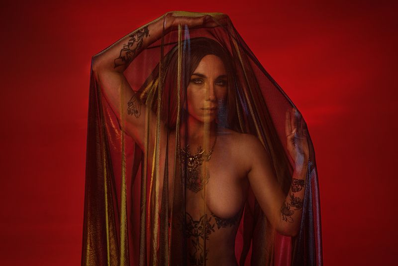 ткань, красный, девушка с тканью, тату, татуировка, блеск, циклорама, цензура из серии red hitphoto preview