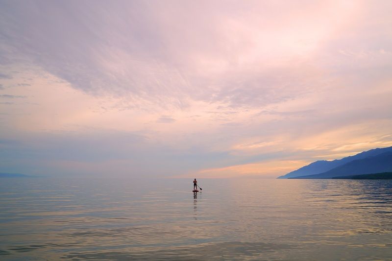 evening, lake, water, girl, reflection, sky Summer eveningphoto preview