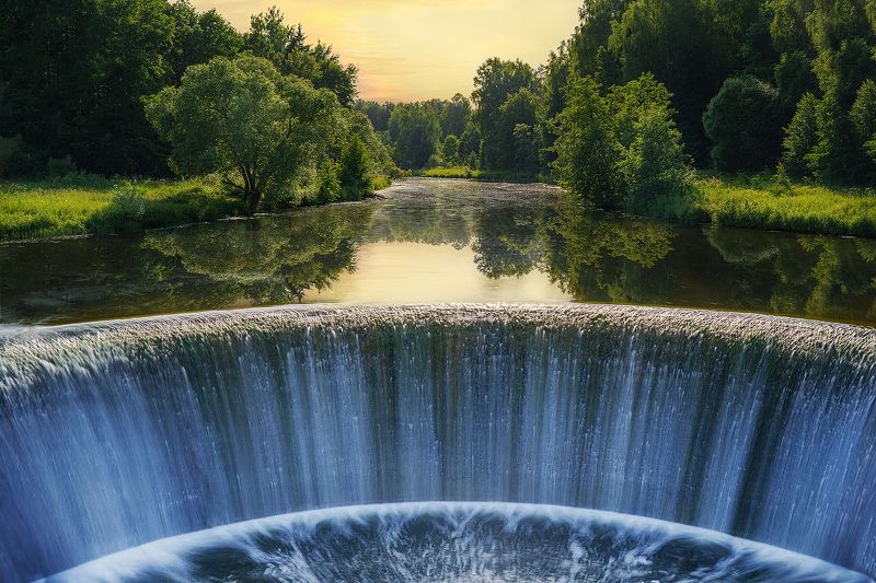 пейзаж, вода, водопад, вечер, закат, лето, река, ландшафт, солнце Прохлада водыphoto preview