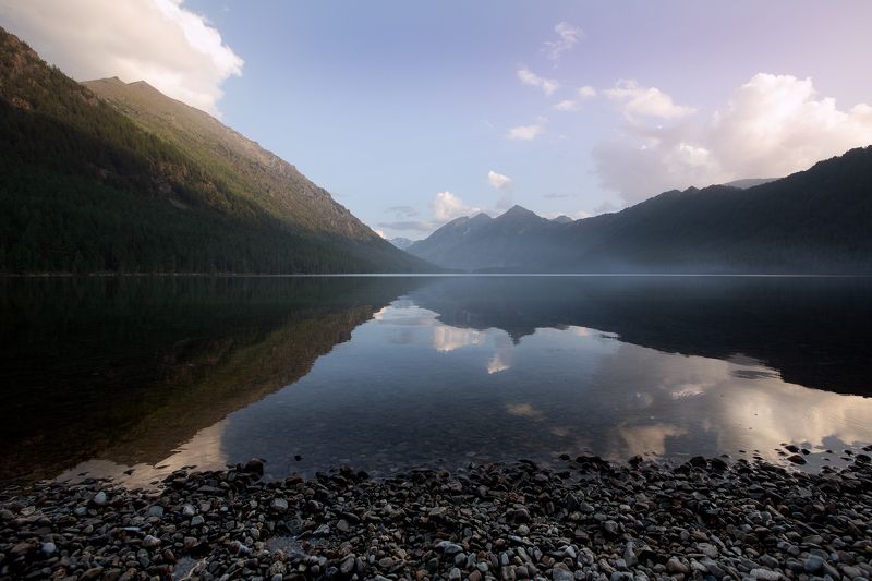 пейзаж, природа, горы, алтай, озеро, туман, закат Мультинское озероphoto preview