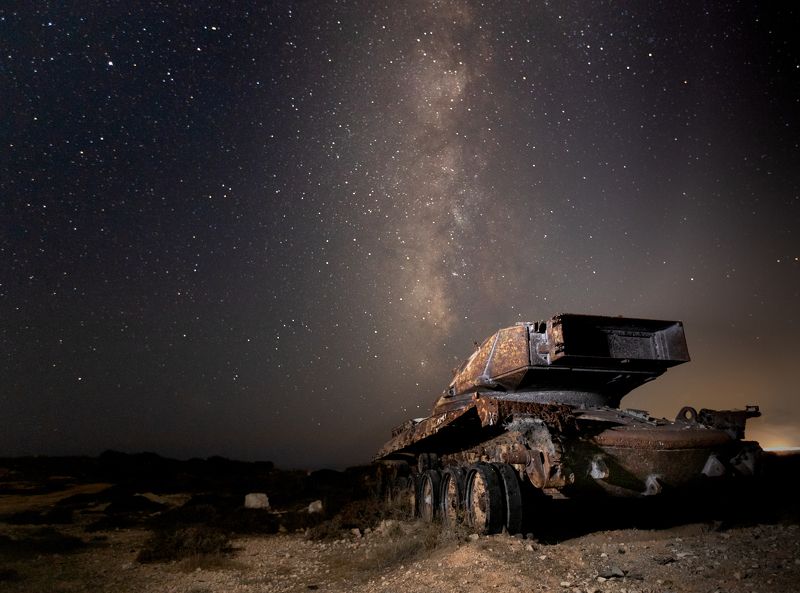 landscape, night landscape, battlefield, stars, night sky, tanks, abandoned tank, milky way Battlefieldphoto preview