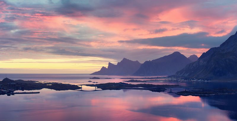 панорама, норвегия, лофотены, фьорд, лето, утро, острова Рассвет над островамиphoto preview