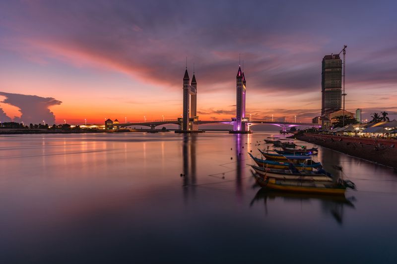 sky, water, malaysia, boat, drawbridge Sunrise Kuala Terengganu City Centre (KTCC Drawbridge)photo preview