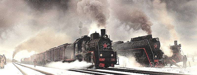 паровоз, серии, л, эр, вагоны, состав, железная, дорога Трое...photo preview