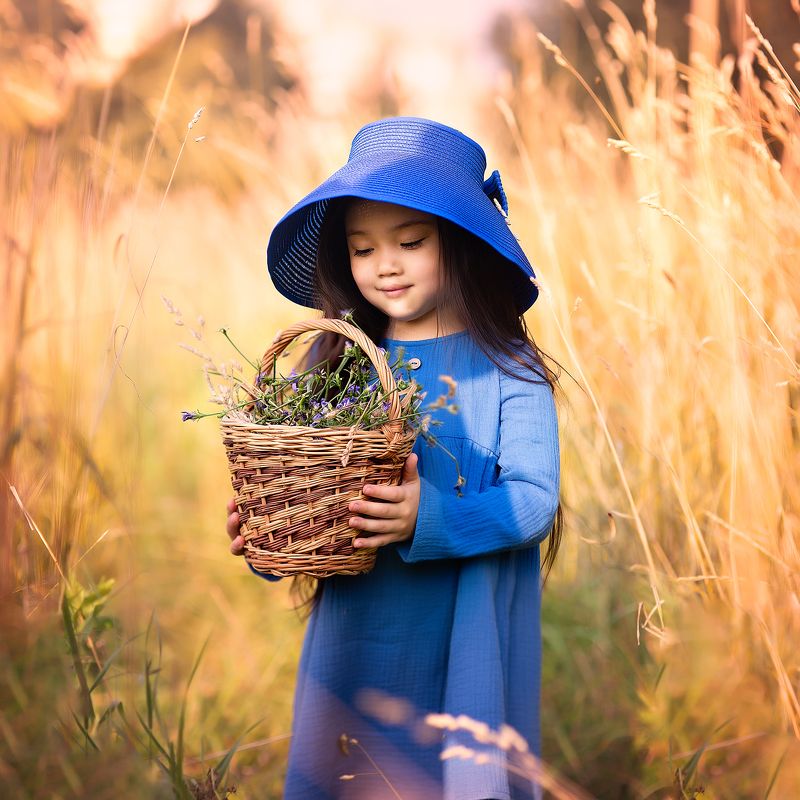 девочка, поле, корзина, шляпа, колосья, синий, желтый Полюшко полеphoto preview