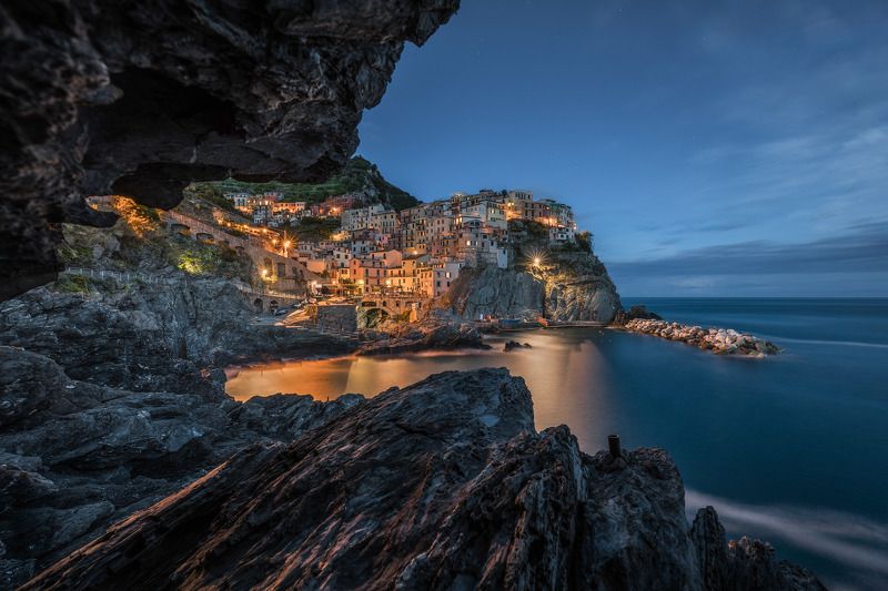 italy, liguria, cinque terre, manarola, la spezia, mediterranean, unesco, village, town, long exposure, sunset, sea, sun, sky, cloud, light, panorama, coast, landscape, amazing, scenic, travel, destination, cave, rock Manarola Cavephoto preview