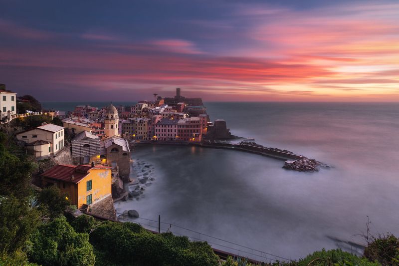 italy, liguria, cinque terre, vernazza, la spezia, mediterranean, unesco, village, town, long exposure, sunset, sea, sun, sky, cloud, light, panorama, coast, landscape, amazing, scenic, travel, destination, color End of a Sunset in Vernazzaphoto preview
