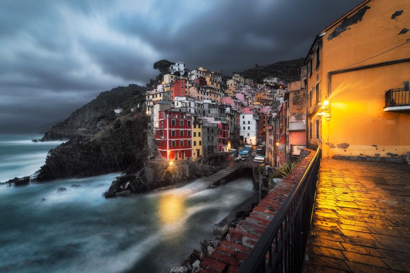 italy, liguria, cinque terre, riomaggiore, la spezia, mediterranean, unesco, village, town, long exposure, sea, sky, cloud, light, sea storm, panorama, coast, landscape, amazing, scenic, travel, destination, night, illuminated, evening, Flare Lightphoto preview