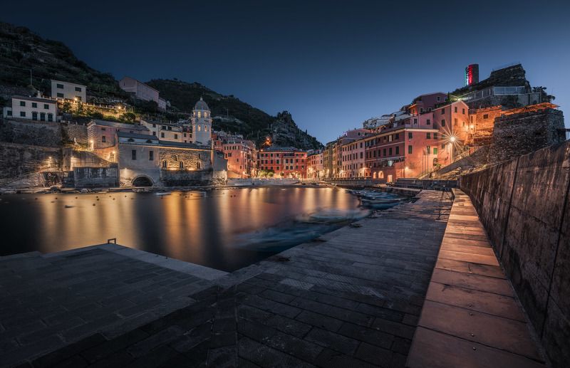 italy, liguria, cinque terre, vernazza, la spezia, mediterranean, unesco, village, town, long exposure, night, sea, nightscape, sky, cloud, light, panorama, coast, landscape, amazing, scenic, travel, destination, color Vernazza Harborphoto preview
