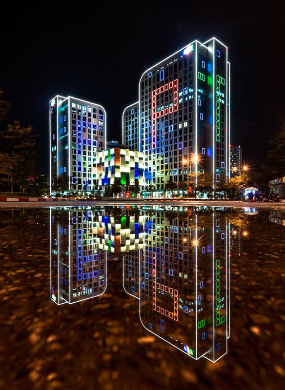 architecture, rain, Vietnam, reflection FPT Tower after the rain фото превью