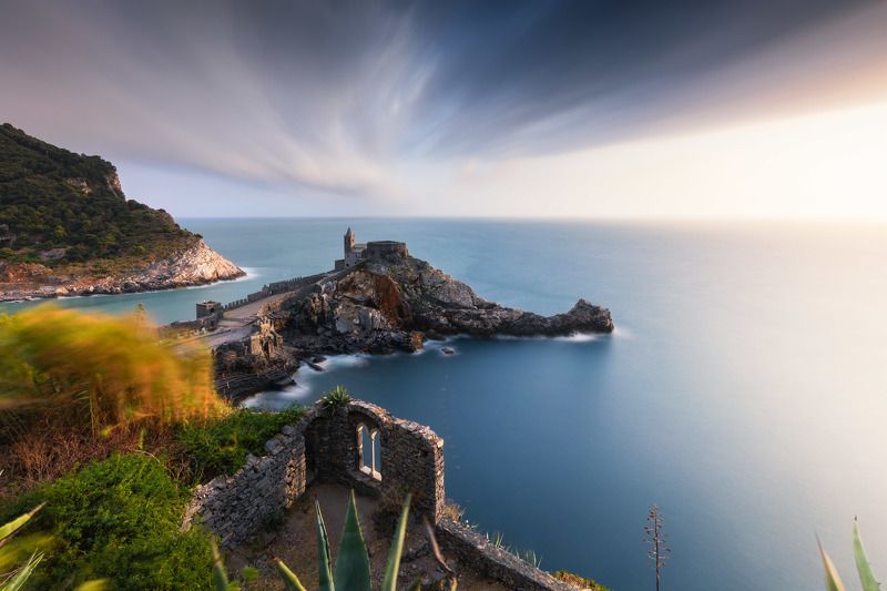 italy, liguria, portovenere, gulf of poets, la spezia, mediterranean, long exposure, blue, sea, rock, sky, cloud, light, coast, landscape, amazing, scenic, travel, destination, coastline, natural, outdoor, sunset, church, unesco Epic Sunset in Portovenerephoto preview