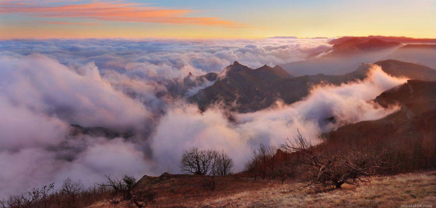 крым, горы,закат, розовый, фиолетовый, туман, утро, камни, Михаил Псарёв