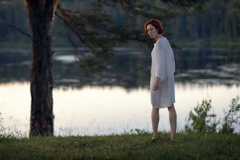 ведьма, русалка, иван купала, озеро, купальщица, рыжая, рыжая девушка, прозрачное платье, белая сорочка, природа, закат ***photo preview