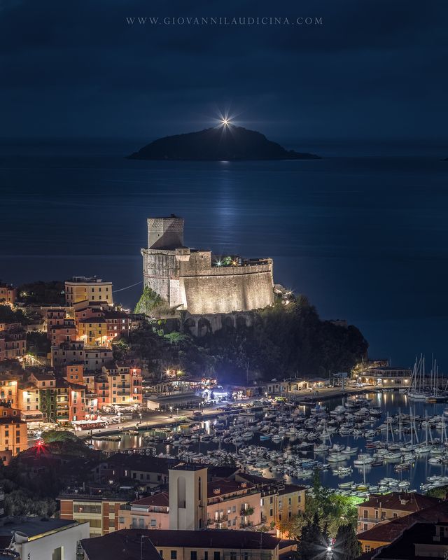 italy, liguria, lerici, gulf of poets, la spezia, mediterranean, long exposure, blue, sea, night, sky, cloud, light, coast, landscape, amazing, scenic, travel, destination, coastline, natural, outdoor,nightscape, castle, city, urban, island Lerici Nightphoto preview