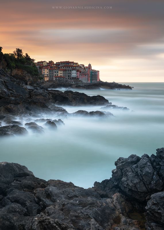 italy, liguria, tellaro, gulf of poets, la spezia, mediterranean, long exposure, blue, sea, rock, sky, cloud, light, coast, landscape, amazing, scenic, travel, destination, coastline, natural, outdoor, sunrise, color, village, church Sunrise on the Tellaro Cliffphoto preview