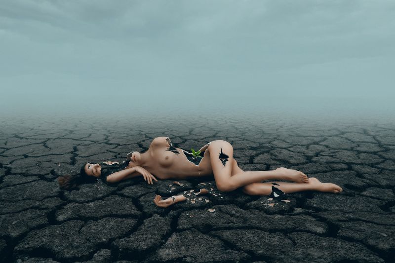 ню арт фотография пустыня росток фарфор разбитая коллаж с чистого листаphoto preview