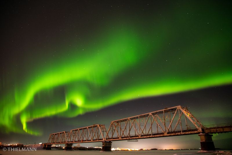 aurora, north, winter, frost, night, nightlights, sky, nightsky, light, bridge, river photo preview