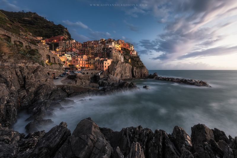 italy, liguria, cinque terre, manarola, la spezia, mediterranean, unesco, village, town, long exposure, sunset, sea, sun, sky, cloud, light, panorama, coast, landscape, amazing, scenic, travel, destination, rock First Light on Manarolaphoto preview