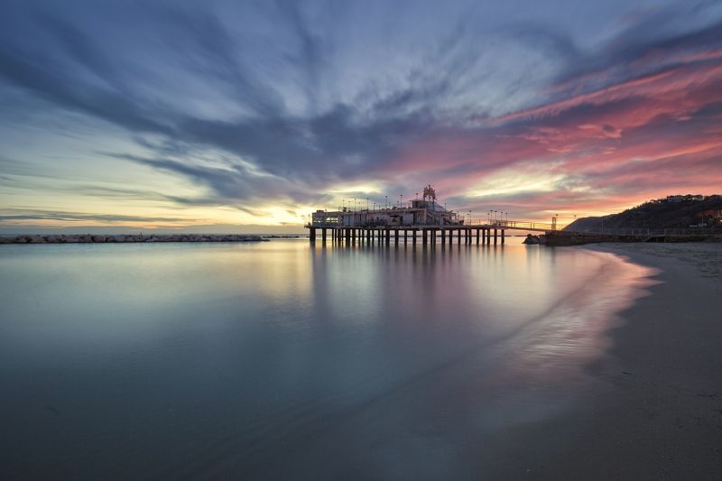 sea, sunrise, pier, water, landscape, blue, violet, day, clouds, sky Sunrisephoto preview