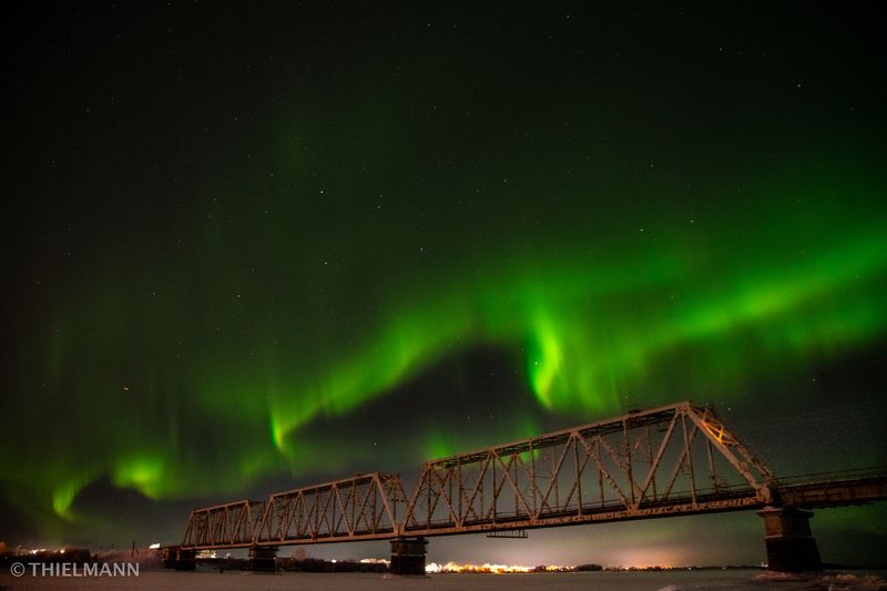aurora, north, winter, frost, night, nightlights, sky, nightsky, light, bridge, river photo preview