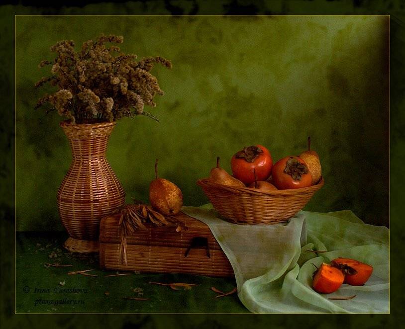 ваза, шкатулка, корзинка, груши, хурма, ткань, натюрморт, Ирина