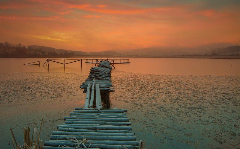 sunrise, fog, morning, wood, bridge, sky Morning Beautyphoto preview