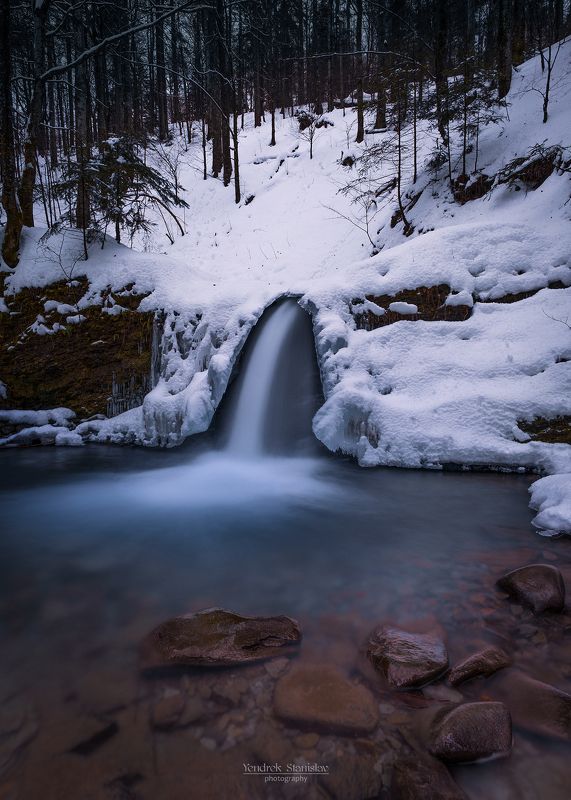 пейзаж водопад вода лес зима снег ручей landscape waterfall water forest winter snow stream  фото превью