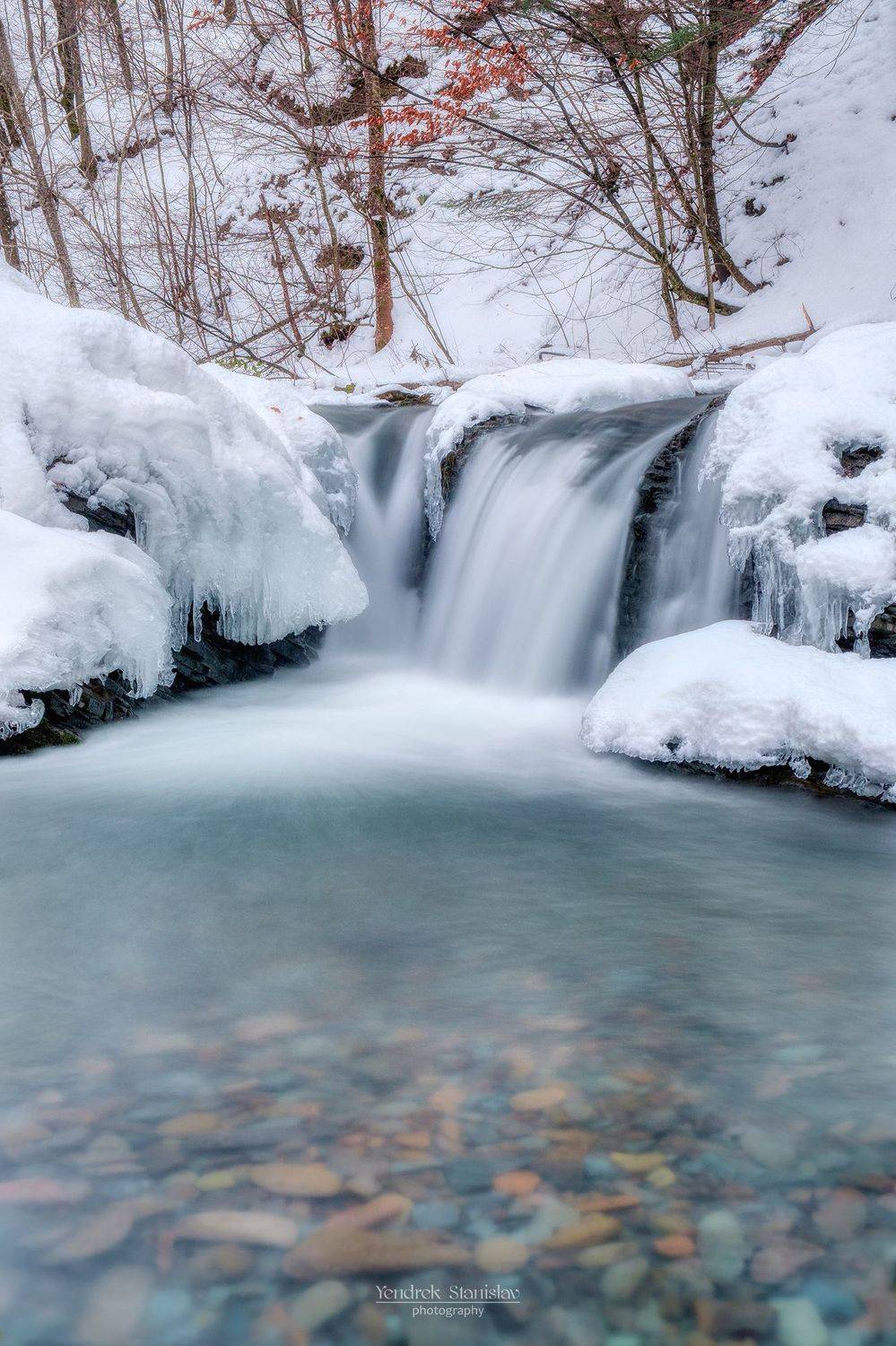 пейзаж водопад вода лес зима снег ручей landscape waterfall water forest winter snow stream, Stanislav Yendrek