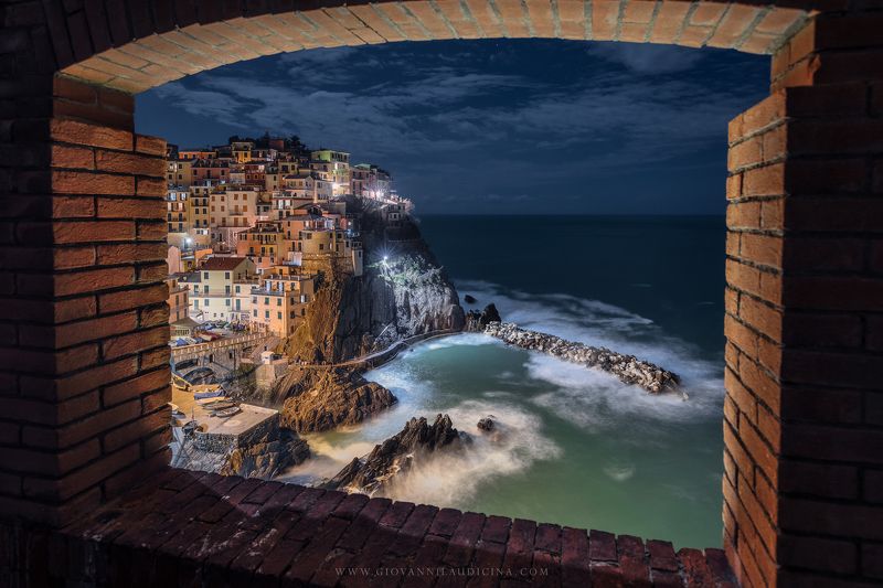 italy, liguria, cinque terre, manarola, la spezia, mediterranean, unesco, village, town, long exposure, sea, sky, cloud, light, panorama, coast, landscape, amazing, scenic, travel, destination, rock, night, illuminated, nightscape, cityscape, frame Frame on Manarolaphoto preview