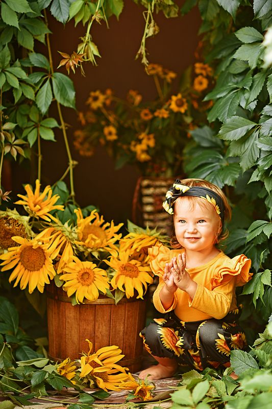 Подсолнухи девочка желтый цветы дети радость Солнечные цветыphoto preview