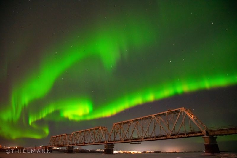 aurora, north, winter, frost, night, nightlights, sky, nightsky, light, bridge, river photo preview