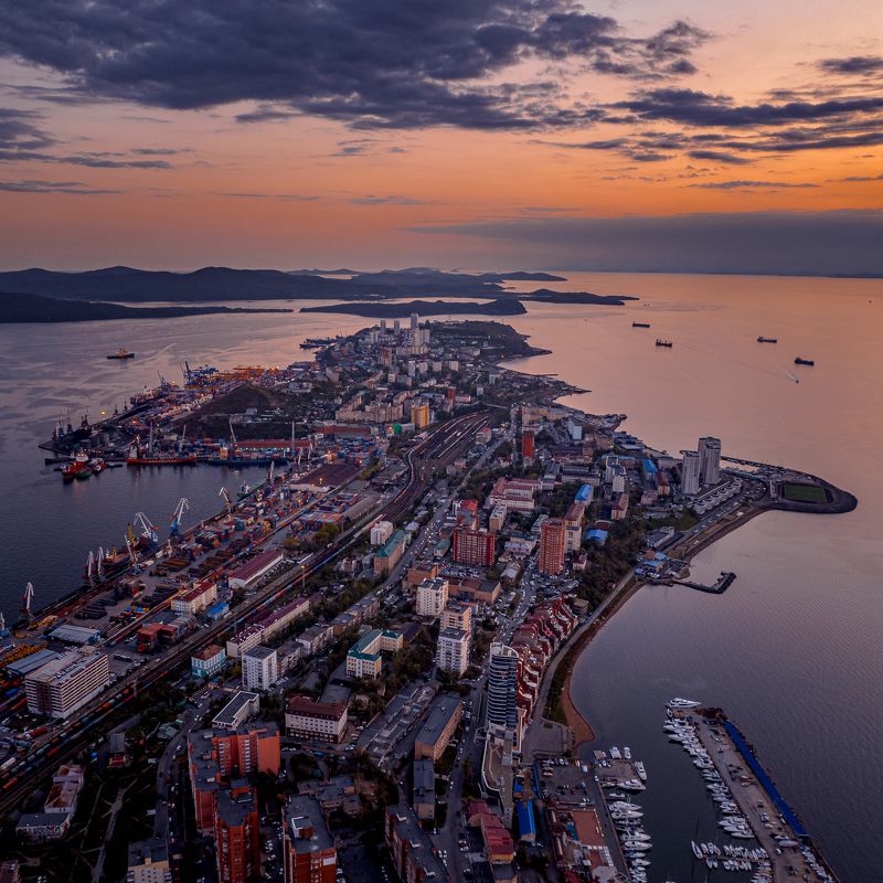 море, японское море, пейзаж, аэросъемка, закат, владивосток, приморье, эгершельд, огни, россия Владивосток. Эгершельдphoto preview