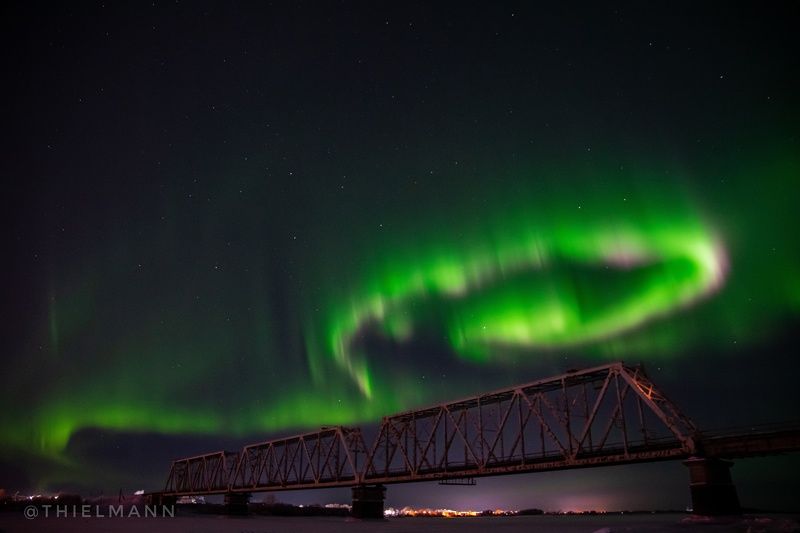 aurora, north, winter, frost, night, nightlights, sky, nightsky, light, bridge, river photo preview