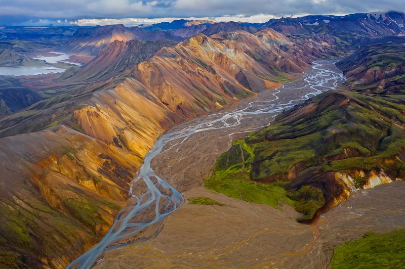 горы, исландия, осень, аэрофотография, сентябрь, ландманналаугар, цветные горы, долина, национальный парк Цветные горы долины Ландманналаугарphoto preview
