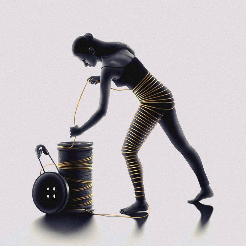 silhouette, art, fine art, conceptual, creative edit, golden rope, rope, safety pin, button, shadow, dark, light, portrait, woman, montage The Golden Ropephoto preview