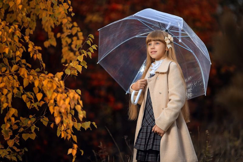 осень, красный, жёлтый, листья, открытый воздух, зонтик, девочка, молодая, солнечный, рыжий, блики Цвета осениphoto preview