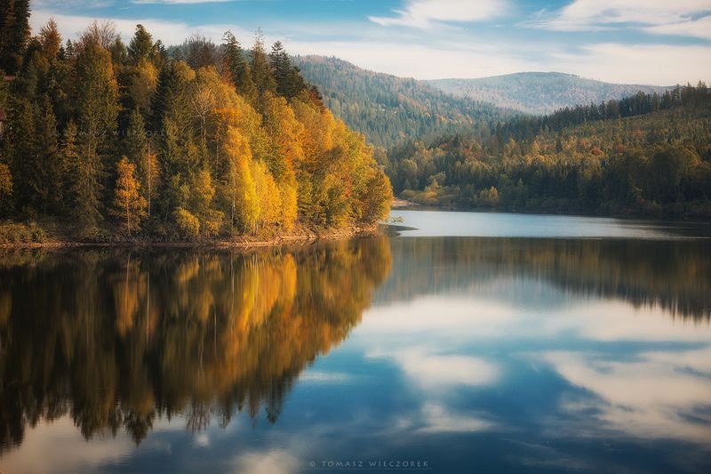 landscape, poland, light, autumn, awesome, amazing, sunrise, sunset, lovely, nature, travel, forest, trees, orange, shadows, reflection, lake, mountains Autumn\'s reflectionphoto preview