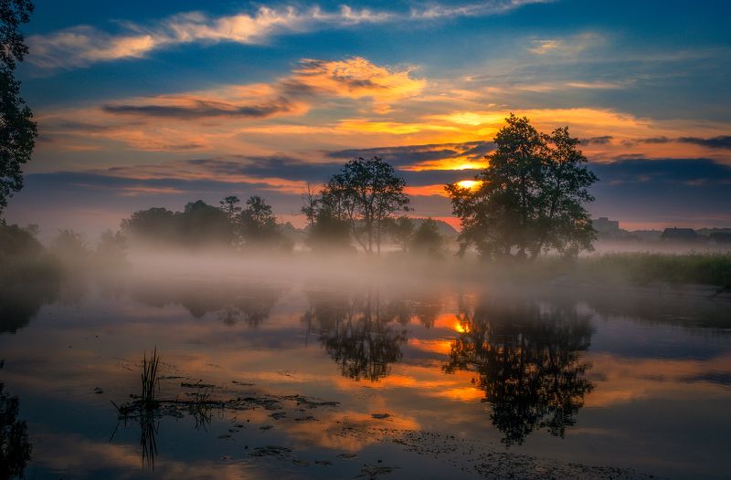 dawn  sunrise  nature  river  Gwda  Nikon  landscape  light  trees  fog  sky  clouds  sun  summer  reflection in the water  Morning Cloudsphoto preview