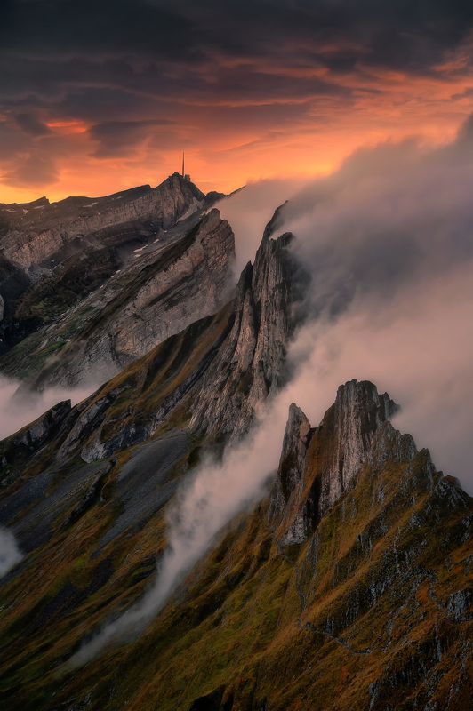 swiss, switzerland, alps, mountains, mist, fog, europe, clouds, sunset, amazing, landscape, mountains, mounatain, colours Sunset in Swiss Alpsphoto preview