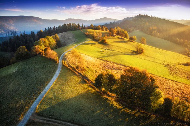 landscape, poland, light, autumn, awesome, amazing, sunrise, sunset, lovely, nature, travel, drone, trees, orange, shadows, dji, mountains, horses Somewhere in the mountainsphoto preview
