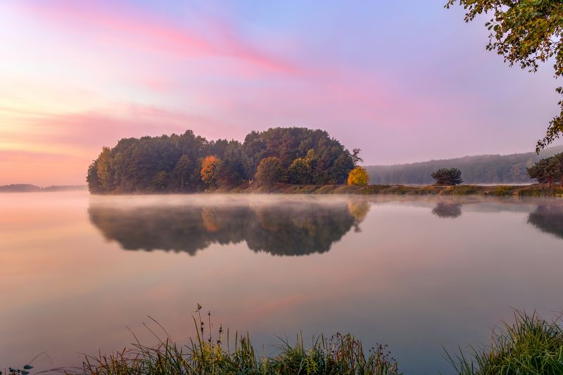 sunrise, landscape, nature, fog, water, reflection in water, sky, clouds, light, dawn, islet, trees, Sunrise over the Košice reservoirphoto preview