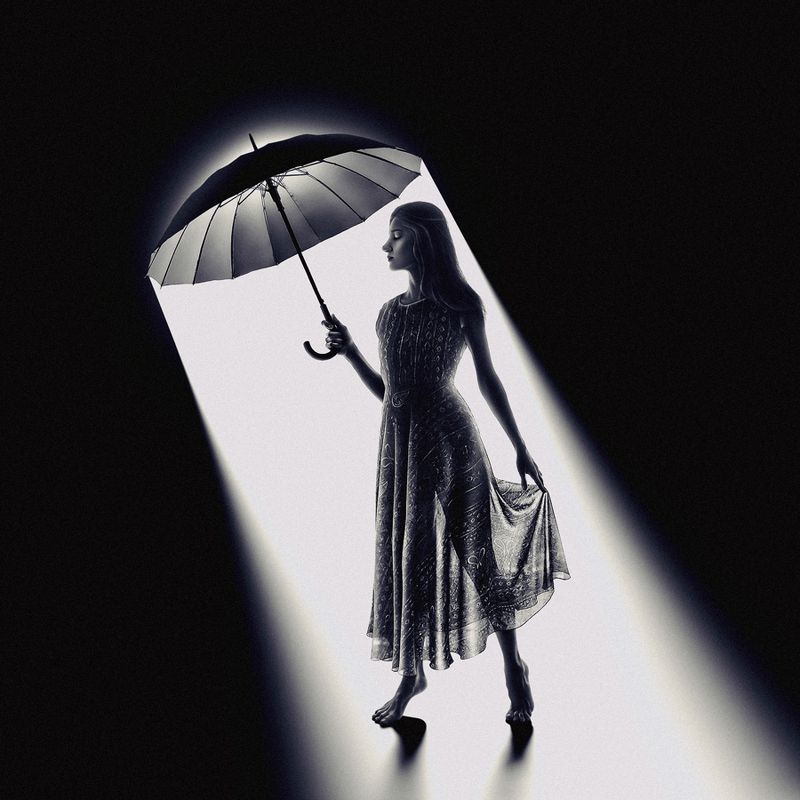 SURREAL,FANTASY,IMAGINATION,DREAM,DREAMING,WOMAN,SURREALISM,ART,MONTAGE,DARK,LIGHT,SHADOW,UMBRELLA,FINE ART,CONCEPTUAL,DRESS,RAIN Against The Darkphoto preview