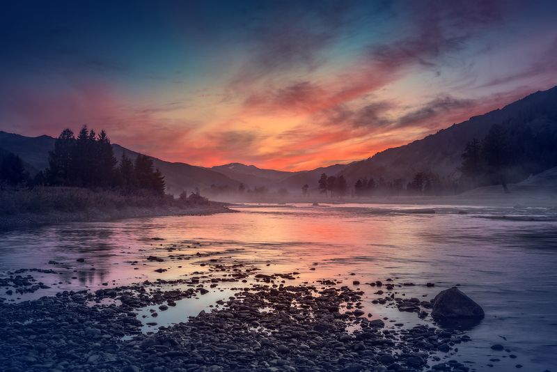 пейзаж, природа, закат, вечер, река, речка, облака, небо, горы, степь, самаха, деревья, вода, отражения, красный, алтай Коксуphoto preview