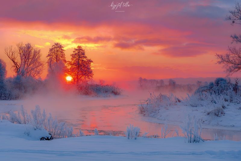 winter, frost, dawn, landscape, nature, river, Gwda, sky, clouds, fog, light, sun, trees, dreaming, water, reflection in the water, nikon  Frosty winter sunrise over the Gwda River (2)photo preview