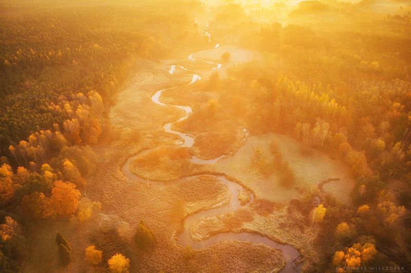 landscape, poland, light, autumn, awesome, amazing, sunrise, sunset, lovely, nature, travel, drone, trees, orange, shadows, dji, river, colors Meandering riverphoto preview