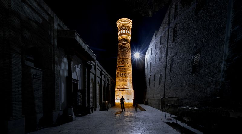 uzbekistan, bukhara, night, night scene, city, street, silouette, minaret, mosque  Night streets of old Bukharaphoto preview