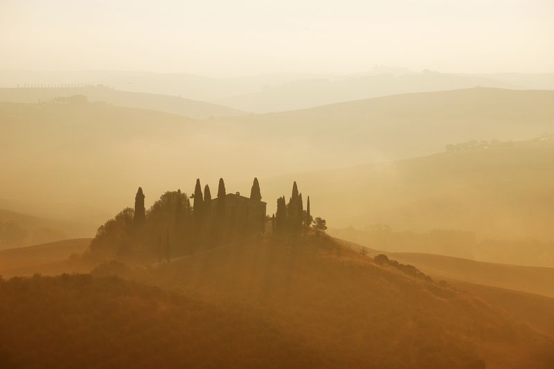 tuscany, sunrise, morning, mist, fog, light, hill, house, italy, Belvederephoto preview